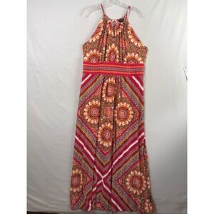 b.calm Maxi Dress Womens XXL Coral Multi Medallion Halter Geometric Boho Resort